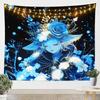 Cute White Cat Tapestry Magical Kitten With Blue Flowers Mushrooms And Golden Sparkles Print Wall Hanging For Bedroom Decor