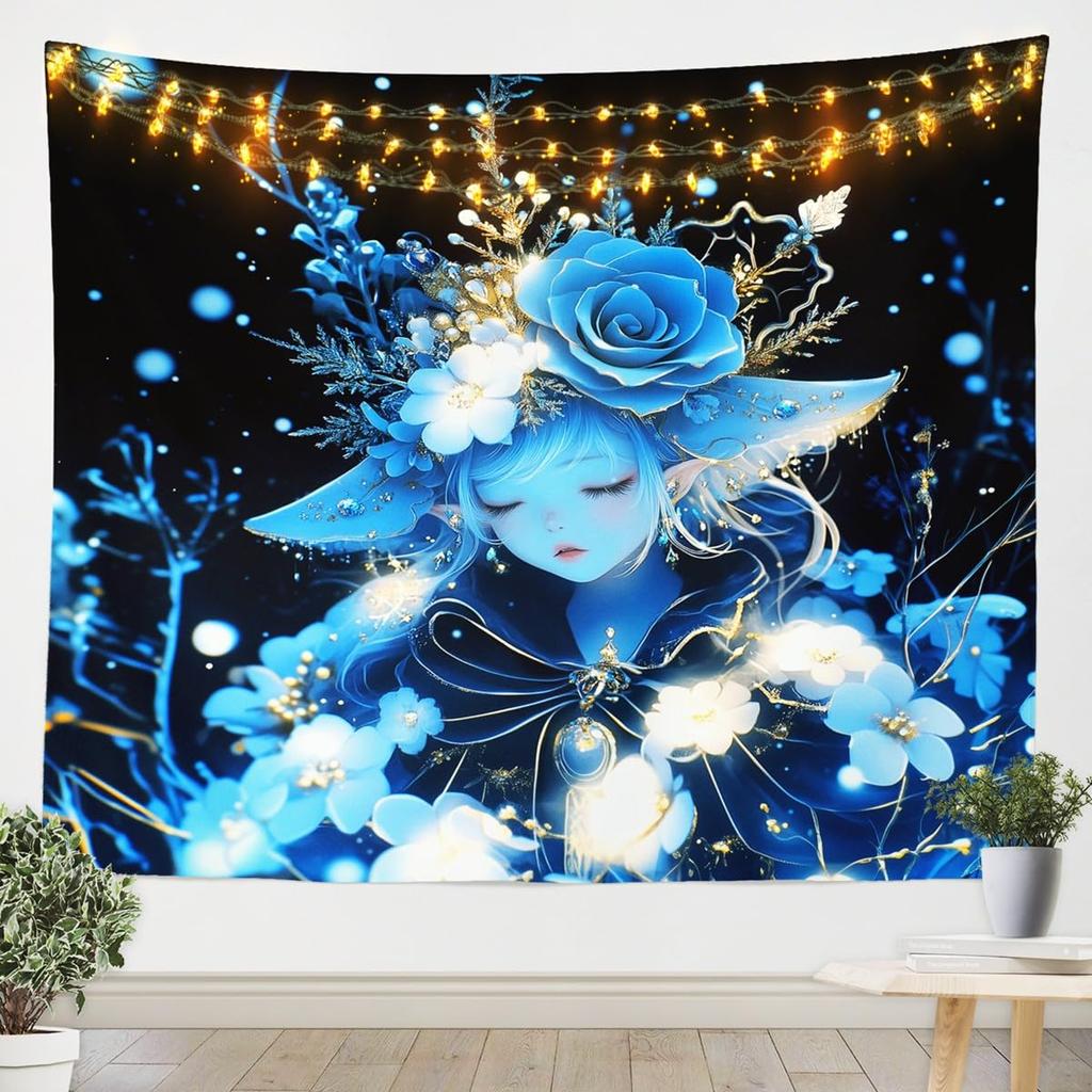 Cute White Cat Tapestry Magical Kitten With Blue Flowers Mushrooms And Golden Sparkles Print Wall Hanging For Bedroom Decor