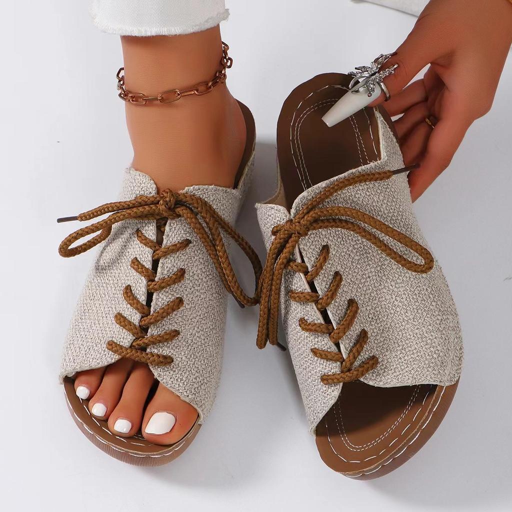 2024 Summer New Slope Heel Color Block Knitted Slippers for Women's Large Grass Knitted Lace Up Heightening Women's Thick Sole Simple Sandals