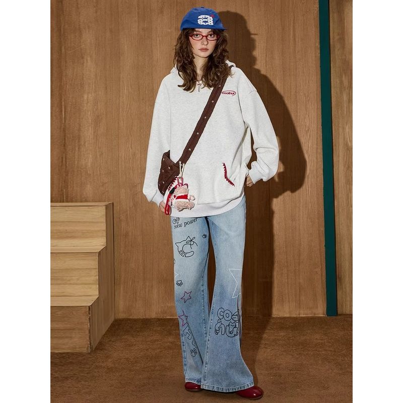 Coolhut High-Waisted Straight-Leg Jeans Retro Style Women's Slimming Wide-Leg Washed Graffiti