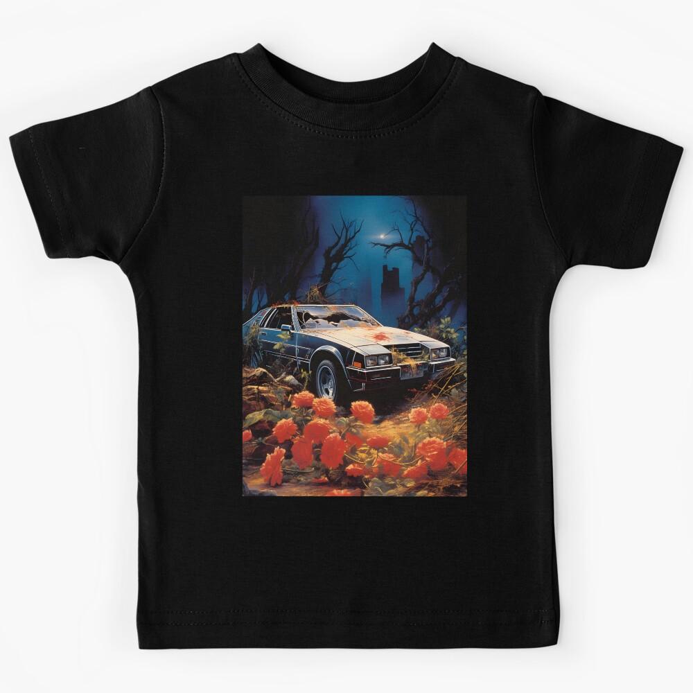 Landscape of Post Apocalyptic Ruined Retro Car Overgrown with Red Flowers in Night Wasteland with Ruins of City Kids T-Shirt 140