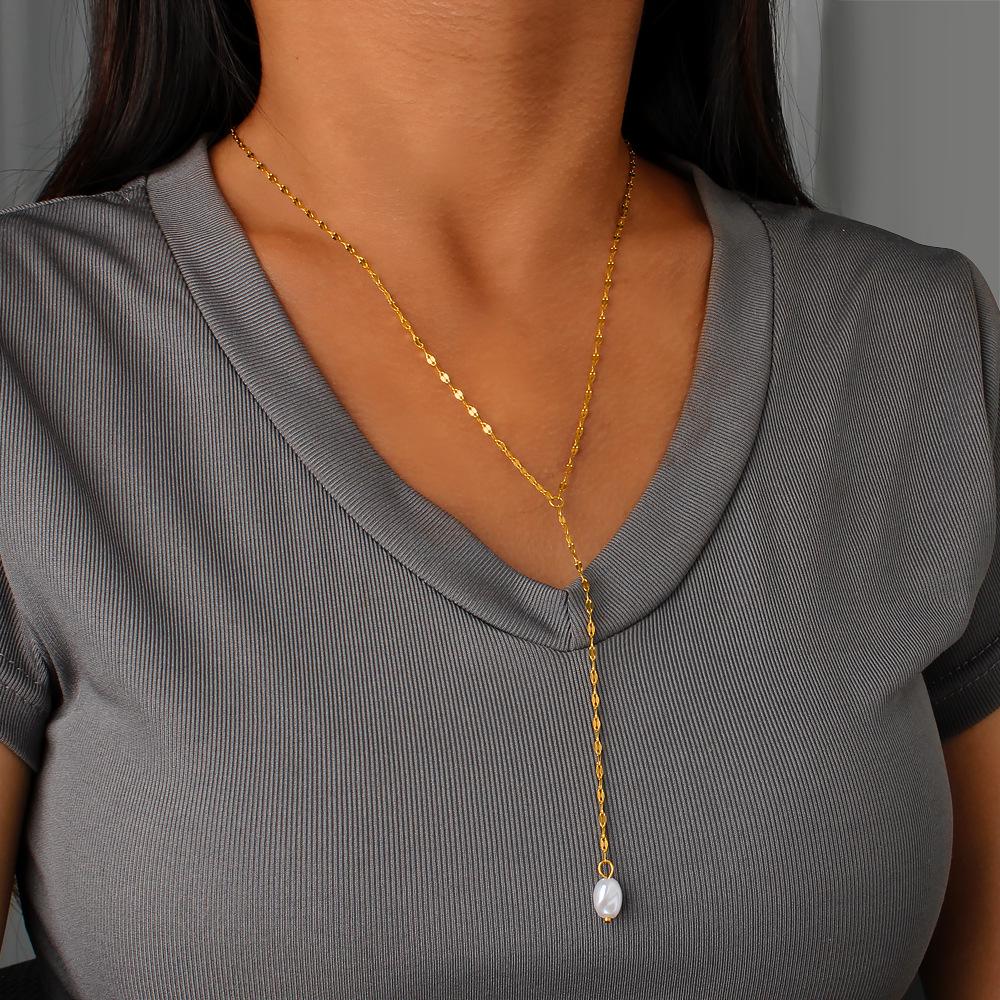 Vintage Pearl Pendant Necklace: 18K Gold Plated Y-Shaped Stainless Steel Clavicle Chain