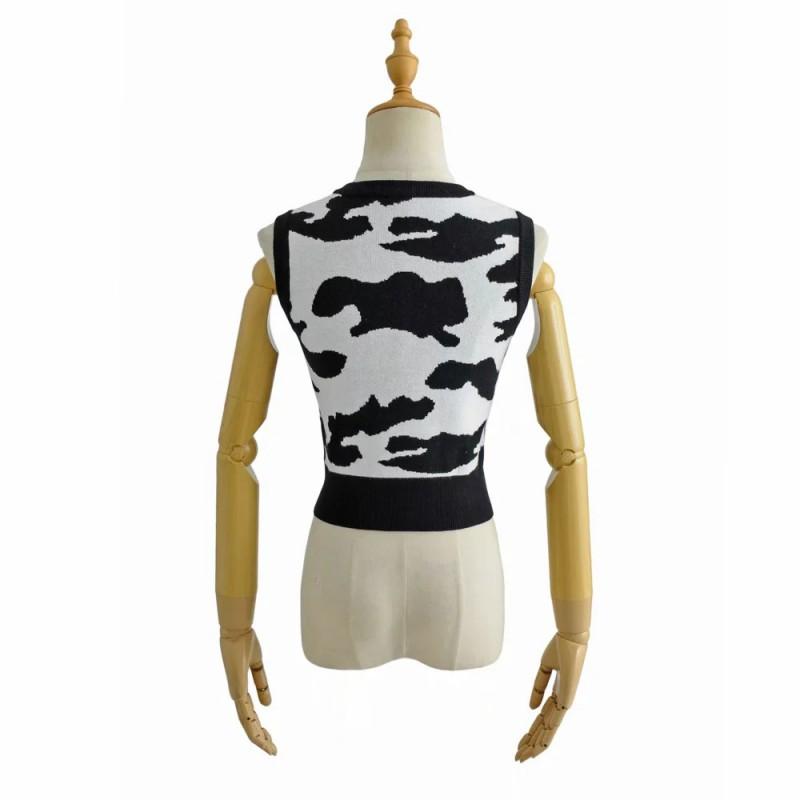 Womens Knit Cow Print Cropped Vest Streetwear Sleeveless Top Casual Lightweight Outerwear