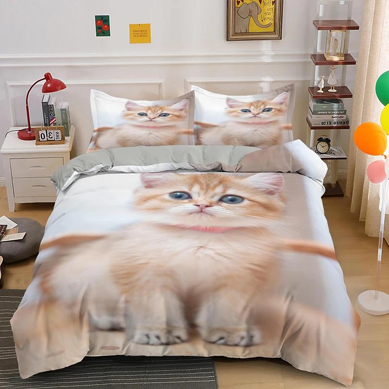 Super Cute Kitten Kids Bedding Set Kawaii Girl Quilt Cove King Queen Size Cute Cat Animal 3pcs Polyester Duvet Cover (No Sheet)