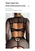 Black Mesh Halter Fishing Net Lingerie Set With Long Sleeves and Metal Ring Accents