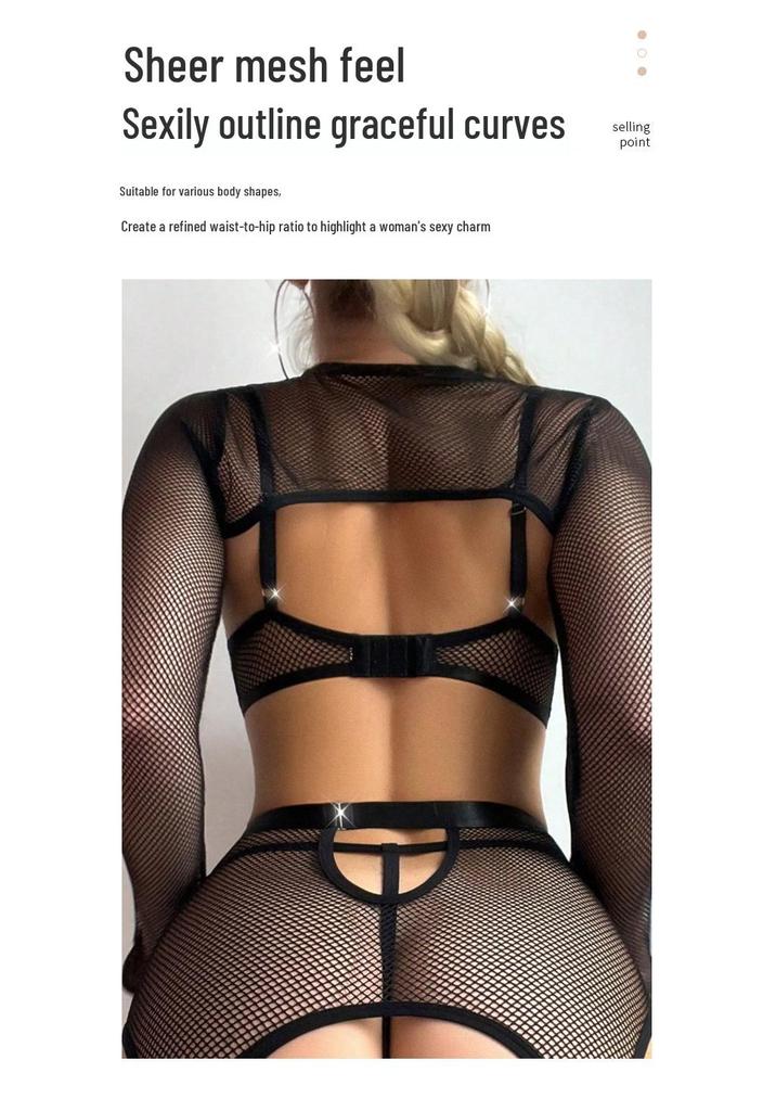 Black Mesh Halter Fishing Net Lingerie Set With Long Sleeves and Metal Ring Accents