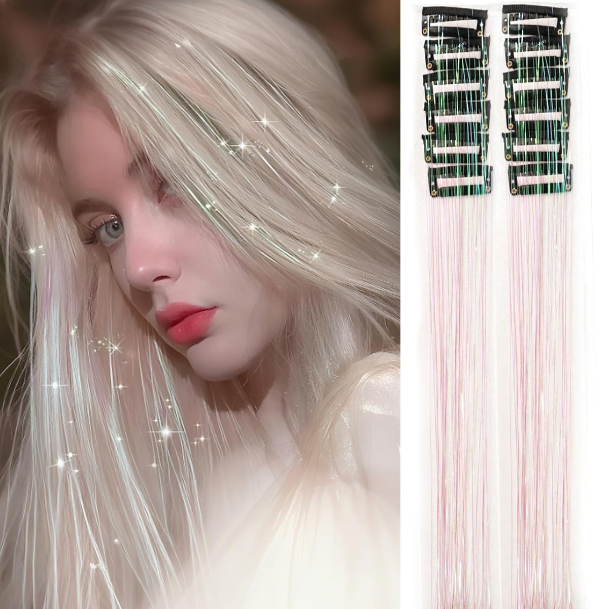 

12 шт. Синтетична мішура для волосся на кліпсах 20 дюймів Блискуча мішура Кліпса для волосся Набір мішури для волосся Термостійке Блискуче Чарівне волосся 20inches білий