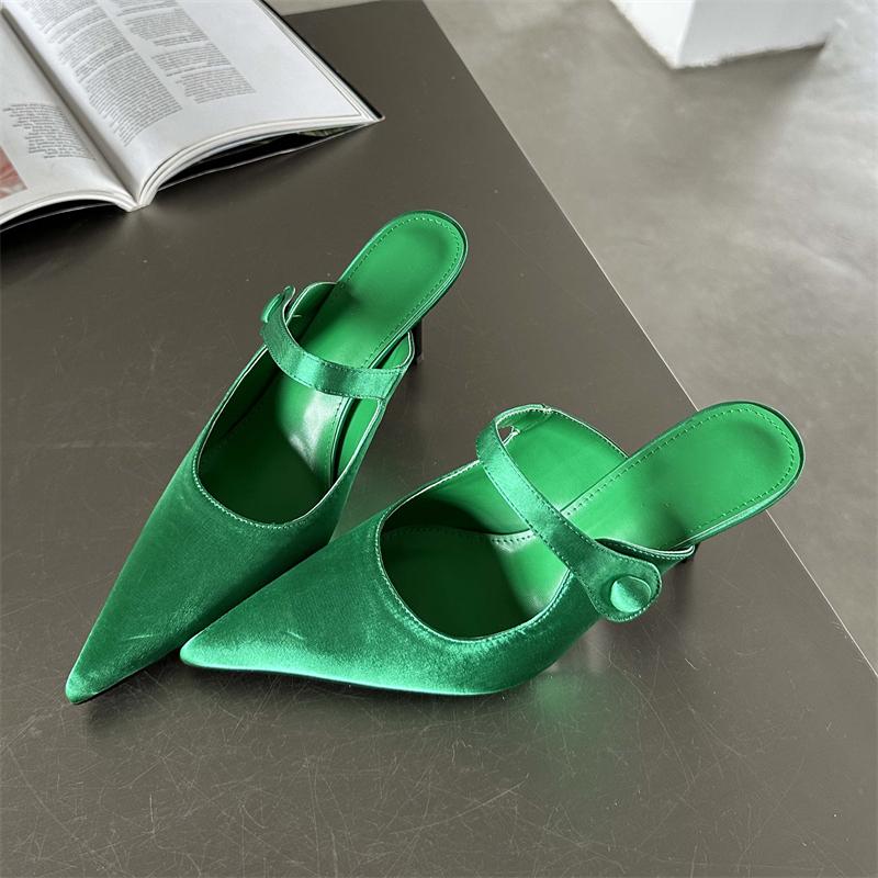 Eilyken Satin Button Pointed Toe Mules Pumps Women Slipper Shallow Thin High Heels Ladies Shoes
