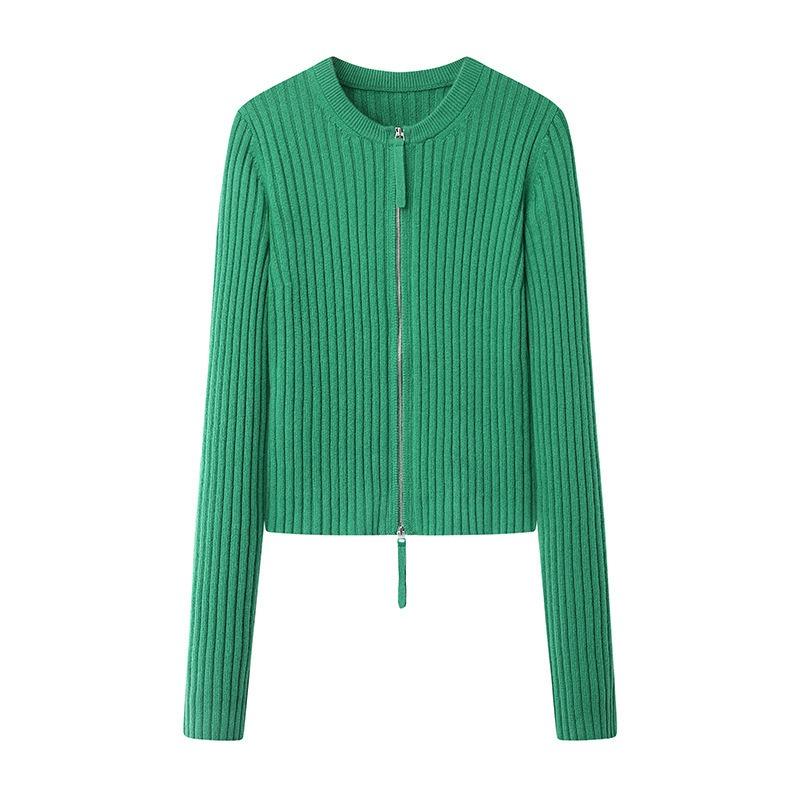 Knitted Knit Sweater with Zipper Slim Fit Sweater Early Autumn Women's Top Round Neck