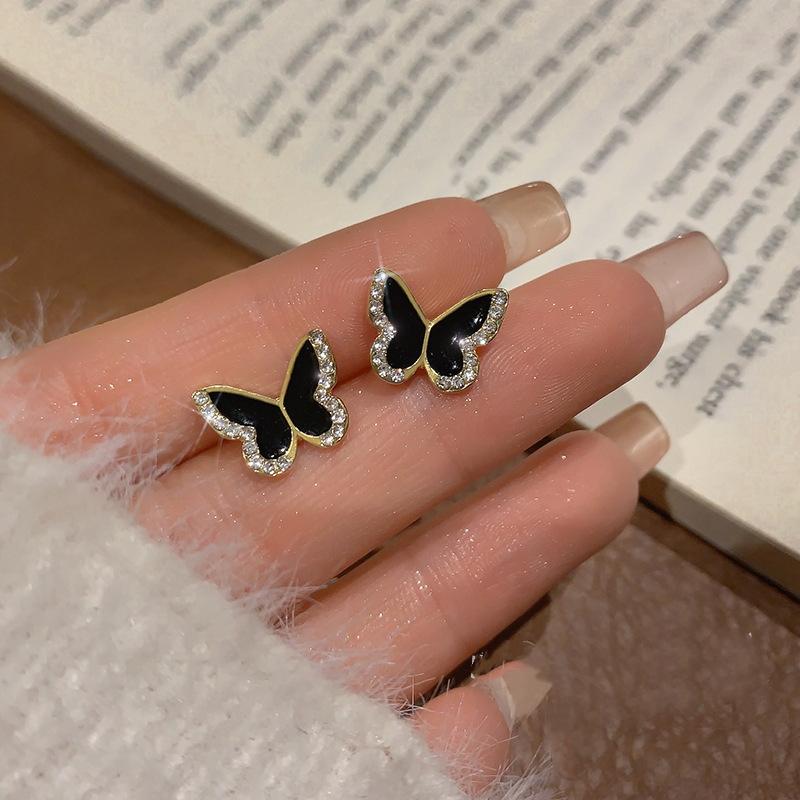 Black Enamel Women's Small Earrings Crystal Side Mini Butterfly Lovely Animal Shape Tiny Stud Earrings for Girls Boucle D'oreill