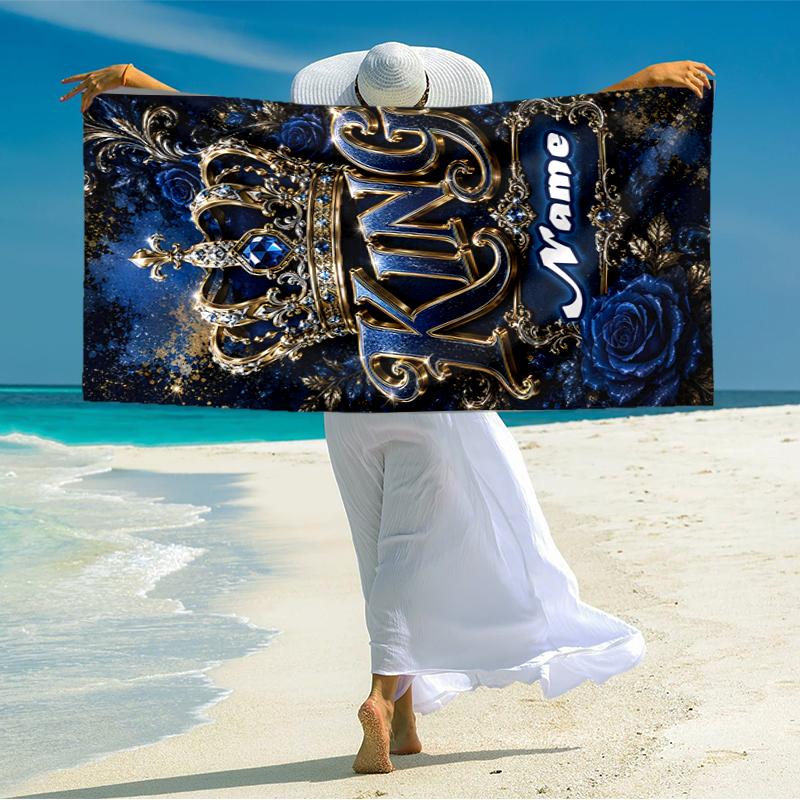 1PC Custom Name Royal Crown Emblem Beach Towel Highly Absorbent And Sand-Resistant Towel for Swimming, Pool, Yoga, And Travel Lightweight