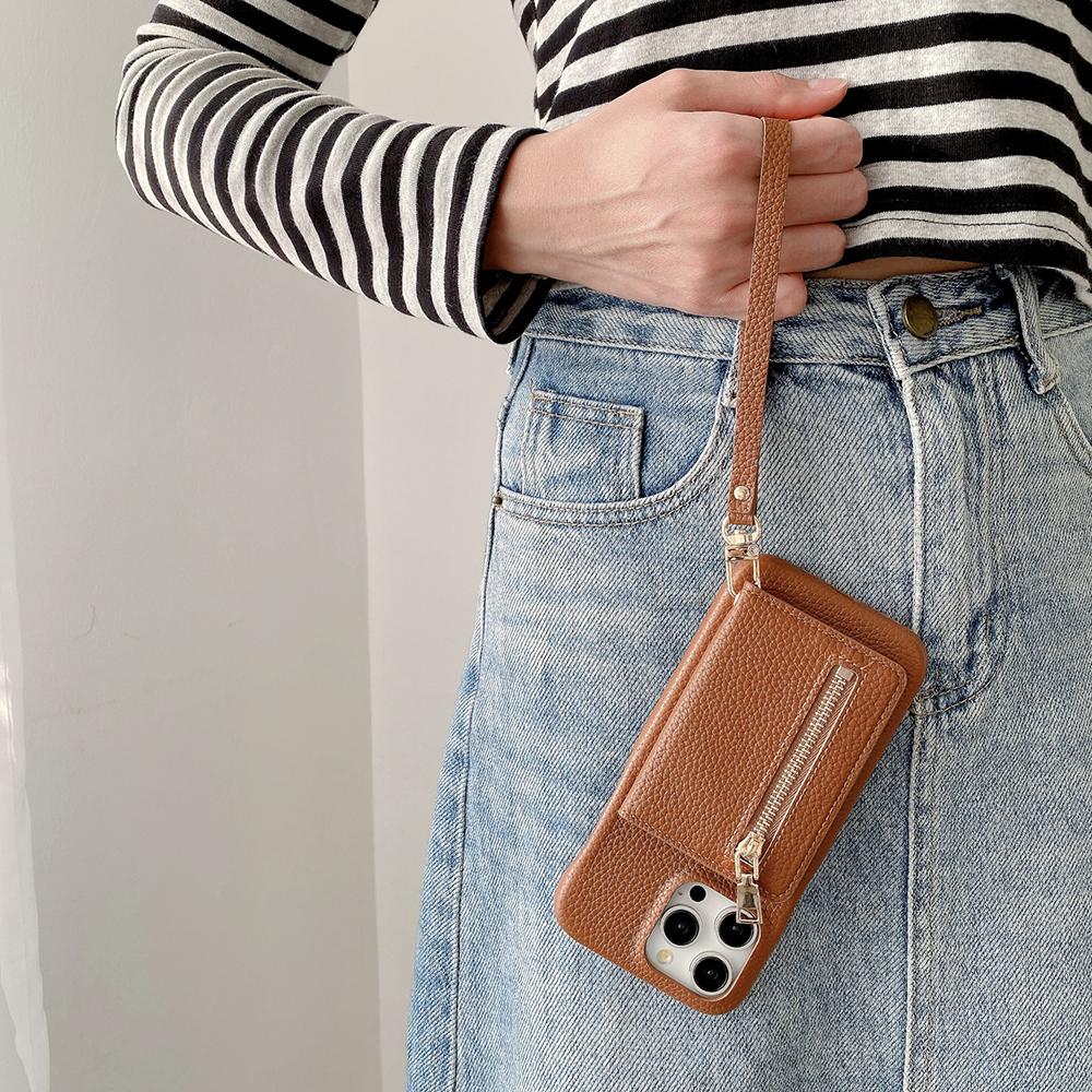 For iPhone 16 Pro Max Case Card Slots Kickstand PU Leather Back Cover with Zipper Pocket,Wrist Strap