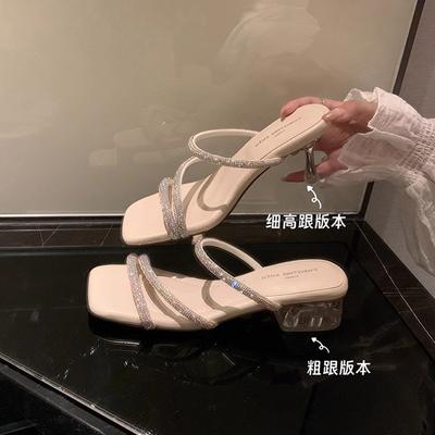 Spot~ Transparent Crystal Thick-heeled Slippers for Women's 2025 New Summer Square-toed Rhinestone Sandals