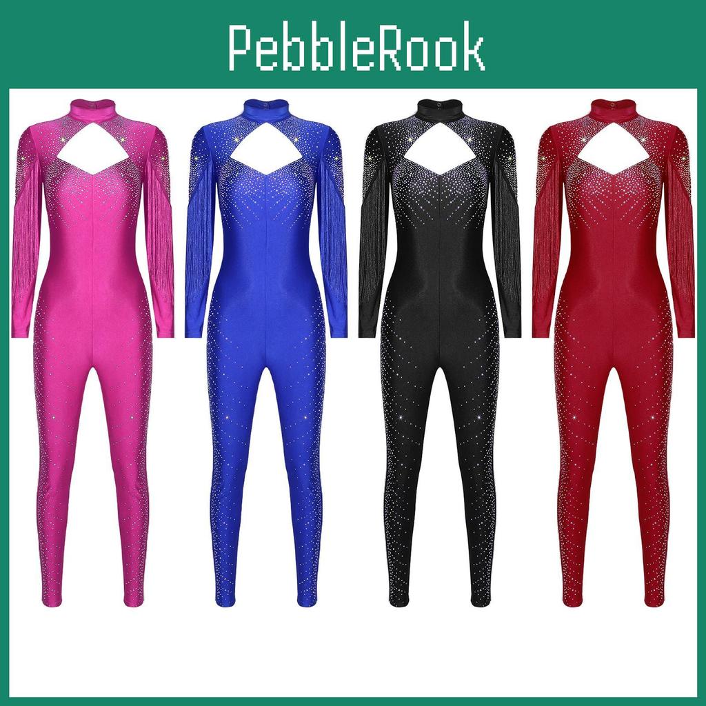 Jumpsuit Schlittschuhlaufen Damen Glitzernd Eiskunstlauf Strass Langarm Quaste Vorne Design Ausgeschnitten Hinten Einteiler Strampler