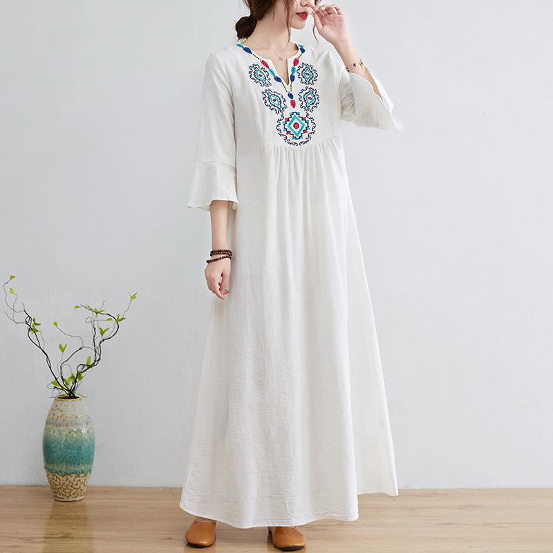 Real Shot Summer New Ethnic Style Loose Embroidery Flower Cotton and Linen V-neck Seven-quarter Sleeve Dress Women's Clothing