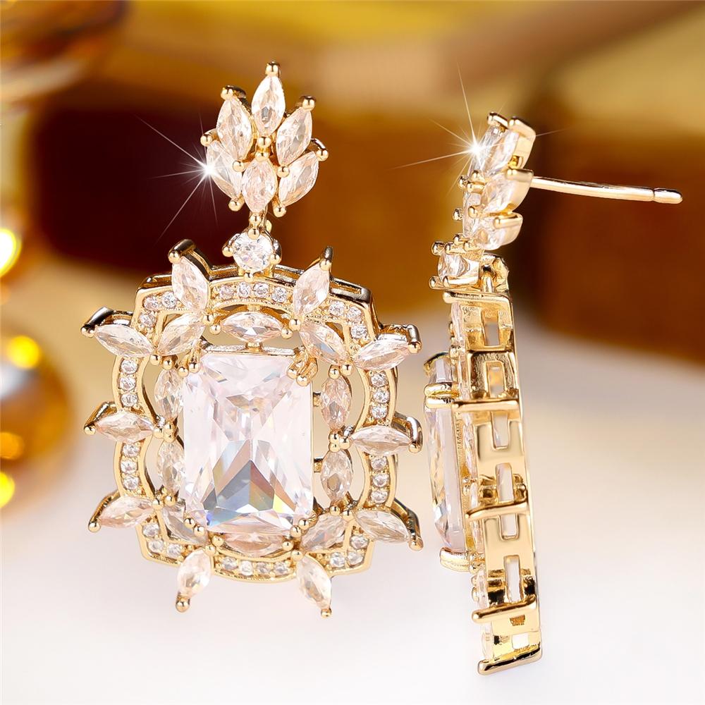Charm Elegant Female Rectangle Big Blue White Red Stone Hoop Earrings Trendy Fashion Gold Color Wedding Jewelry For Women