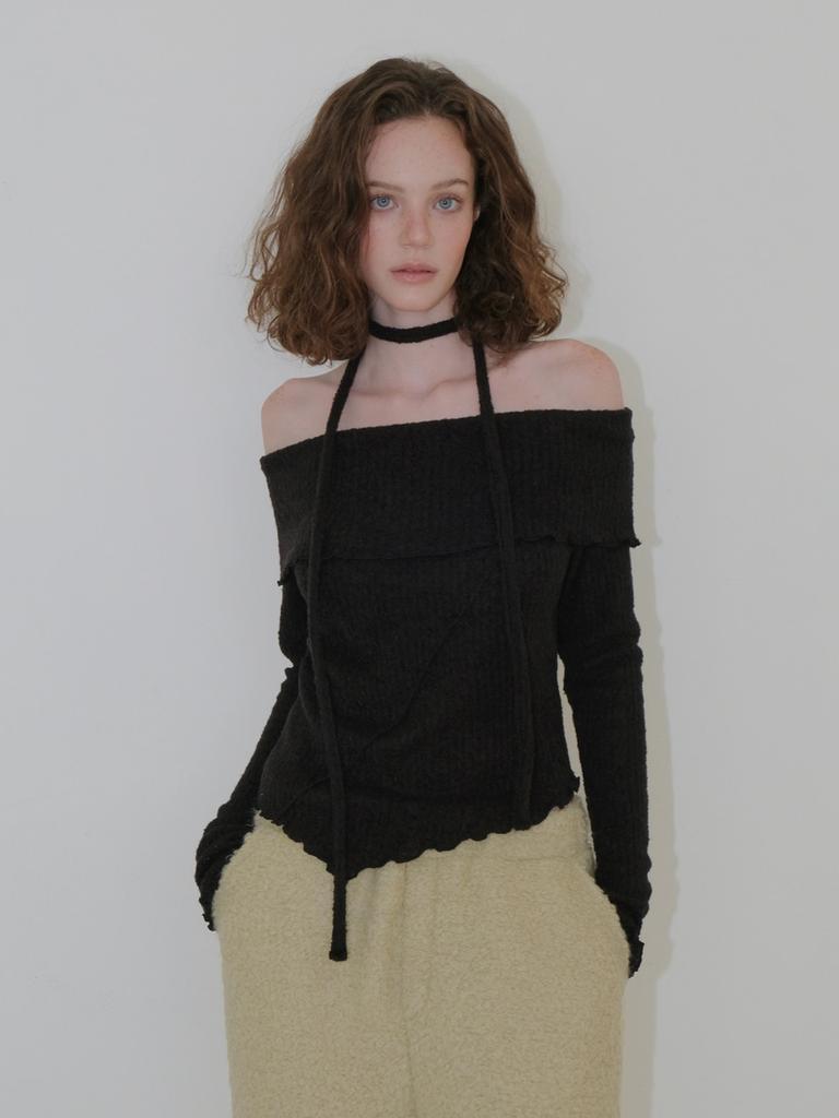 ETMON Tie Off Shoulder T-Shirt, Black