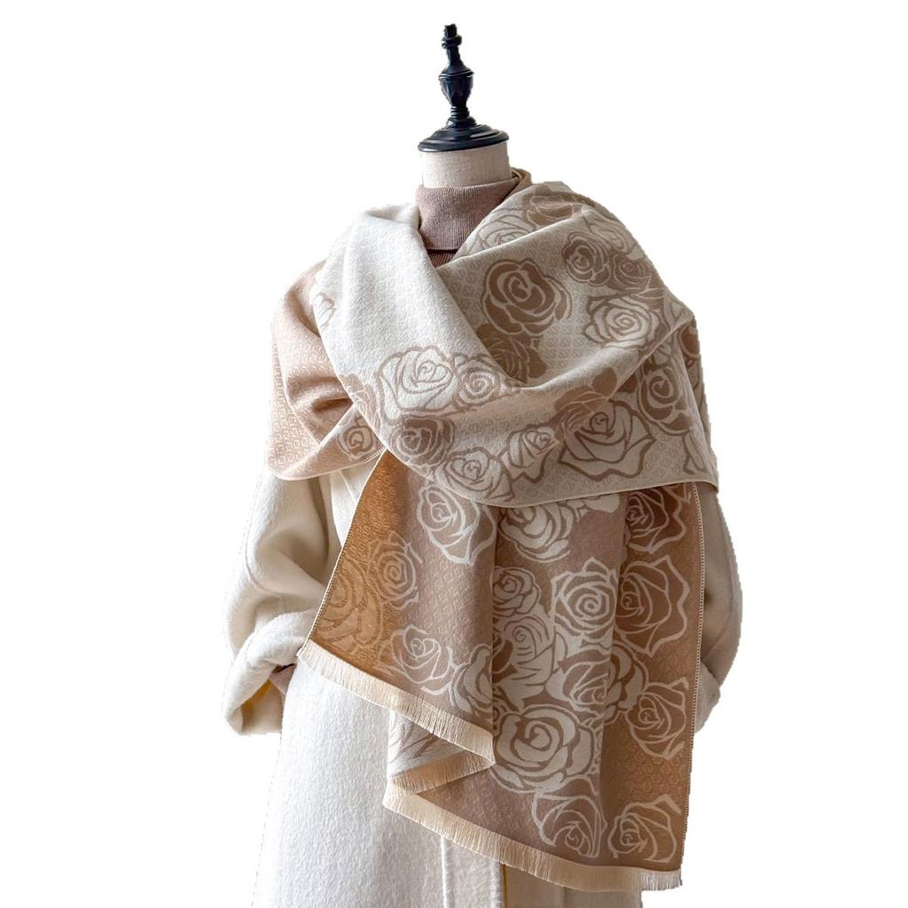 Camellia Cashmere Scarf Women'S Winter Senior Sense Versatile Thickened Warm Scarf Air Conditioner Shawl Imitation Cashmere