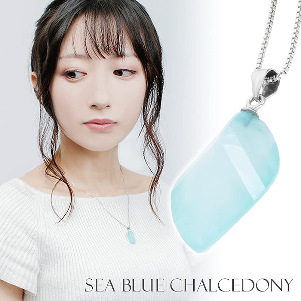 Shinjuku Gin no Kura Sea Blue Chalcedony Cut Sterling Silver 925 Necklace Natural Stone Power Stone Women's Blue Light Blue