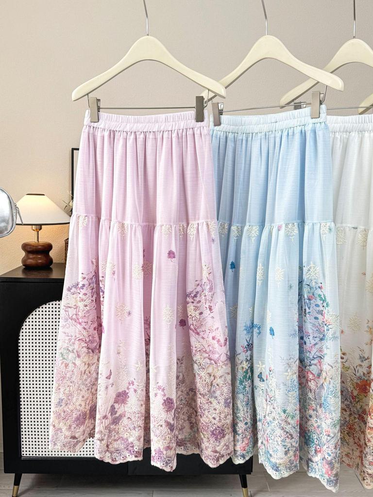Monet Garden Floral Print Midi Skirt: French A-line Beach Style, Spring/Summer 2026 Collection