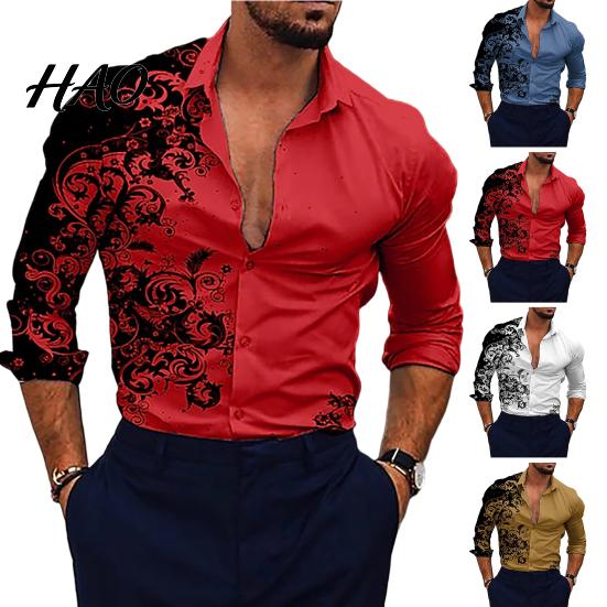 Office Shirt Men Gradient 3D Printed Long Sleeve Turndown Collar Male Slim Fit Temperament Button Down Clothing