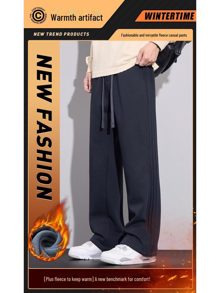 Herren Schwergewicht Samt Strick Winter Gerade Hose mit Drei-Streifen - Locker, Trendig, Hochwertige Freizeit Sportbekleidung.