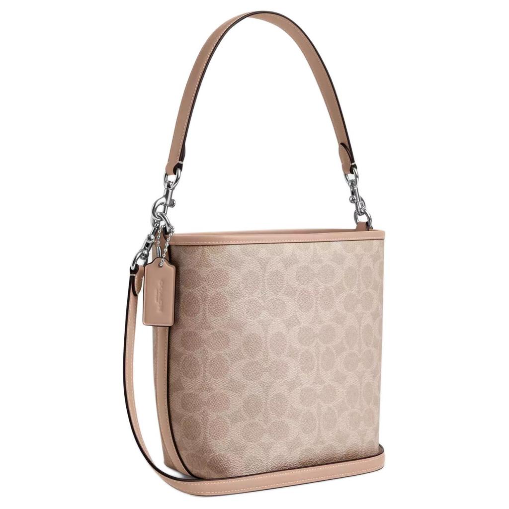 Coach City Bucket 17 Monogram Metal Logo Signature Coated Canvas Tote Shoulder Bag Small Women Bags Beige CT800-SVPWH