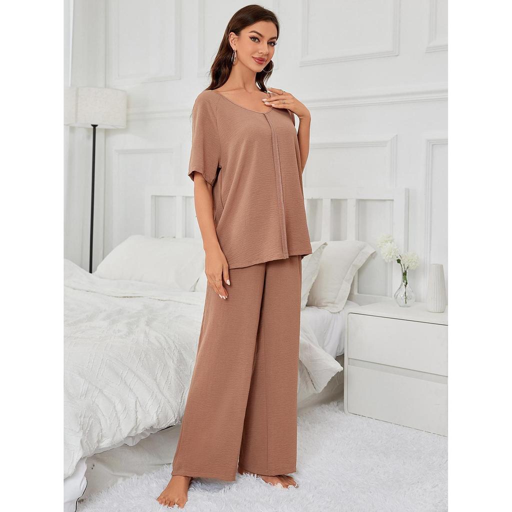 European and American loungewear set spring and autumn solid color short-sleeved pajamas pajamas two-piece nightwear