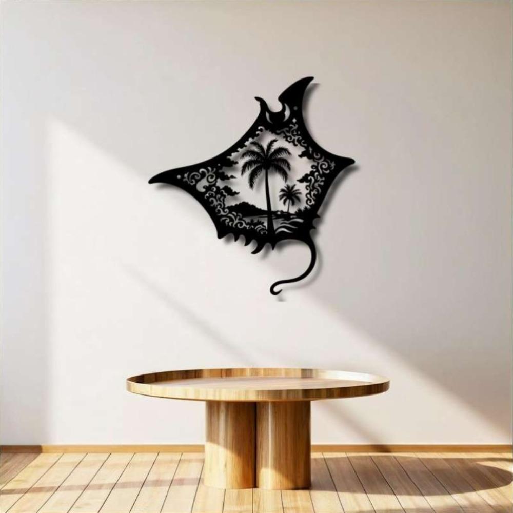 1pc Black Manta Ray Iron Wall Art, Tropical Palm Tree Ocean Scene, Modern Coastal Decor for Beach Bedroom Living Room, Travel Lover Gift, Easy Hang