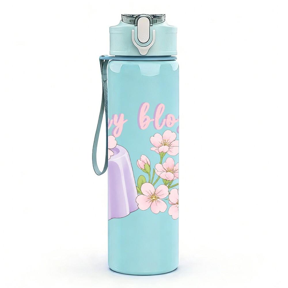 1PC Cherry Blossom Flower Vase Print 750ml Color Plastic Sports Water Bottle Leakproof Flip Straw Lid Suitable for Sports Office Home Use