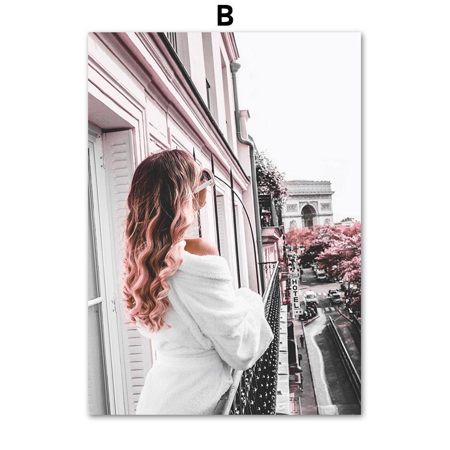 

Pink Paris Tower Girl Building Door Car Sakura Rose Wall Art Canvas Painting Landscape Posters Prints Pictures Living Room Decor 21cm×30cm NoFrame