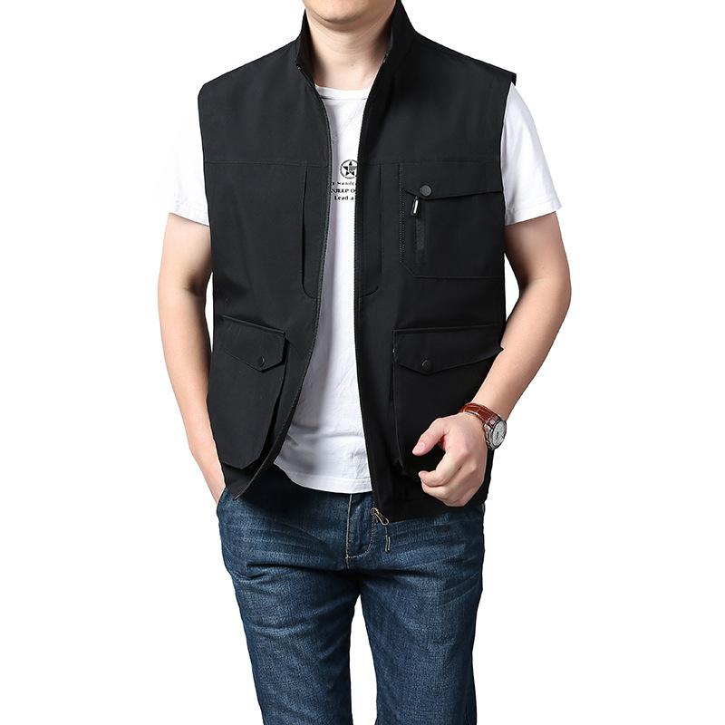 Мужской жилет Тонкий безрукавный жилет с воротником-стойкой, многокарманный, быстросохнущий, жилет большого размера M чёрный