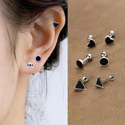 Silver Black Heart Star Round Small Stud Earrings for Women Ear Studs Jewelry