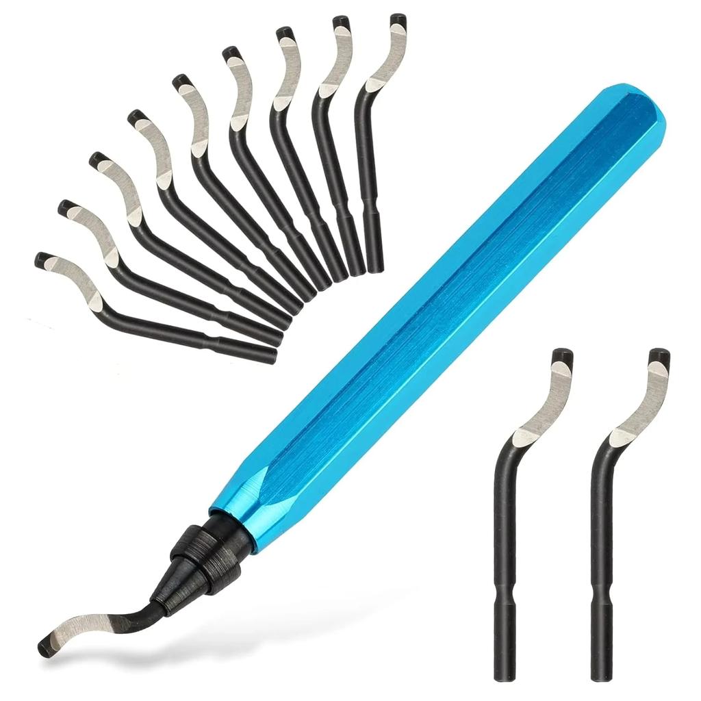 Deburring Tool Set with 11pcs High Speed Steel Swivel Blades Burr Removal Tool for Metal Resin PVC Pipes Copper Plastic Aluminum