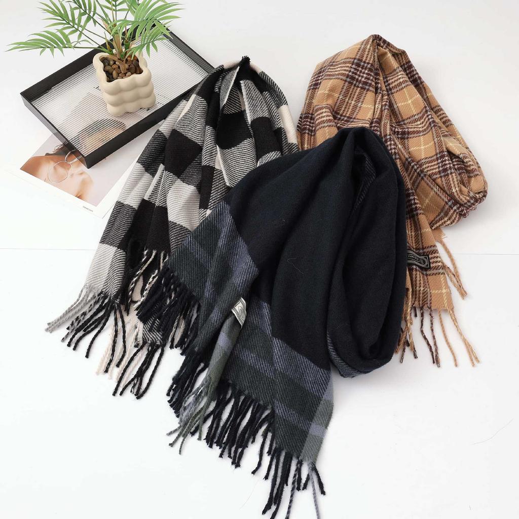Winter new versatile plaid scarf women's color matching warm fringed scarf checkerboard high-end imitation cashmere scarf