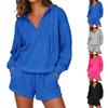 Women's V-Neck Long Sleeve Hooded Sweatshirt and Shorts Casual Set