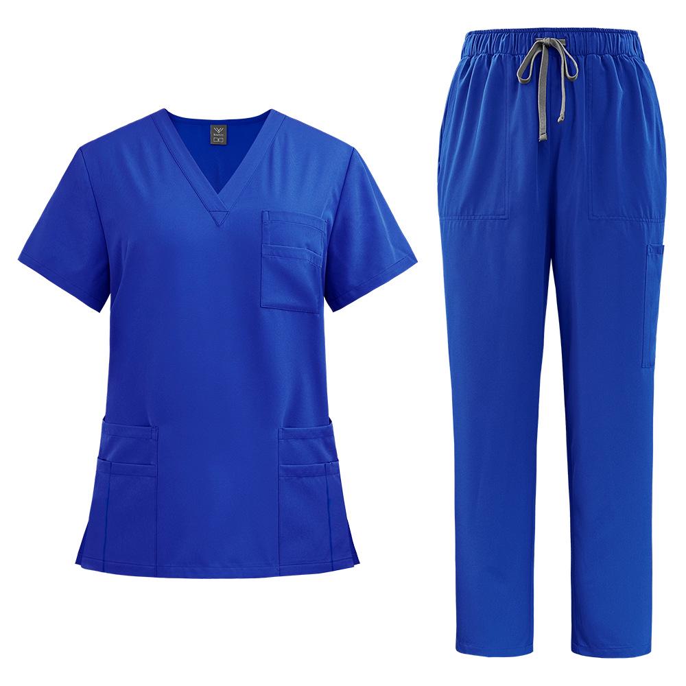 Unisex V-Neck Medical Work Scrub Suit with Pockets and Straight-Leg Pants