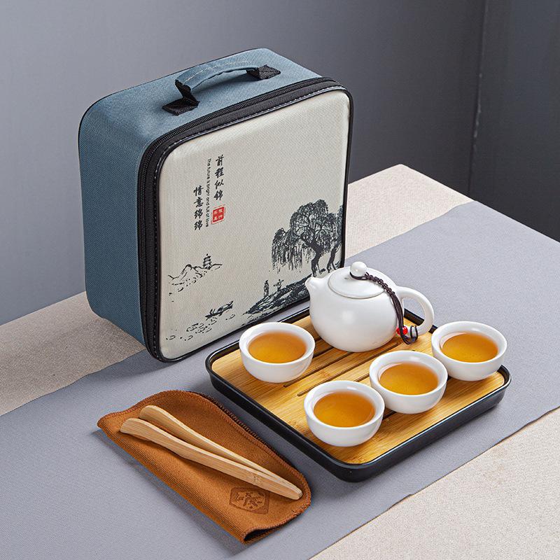 Travel tea set, Dingyao Kung Fu ceramics, one pot and four cups