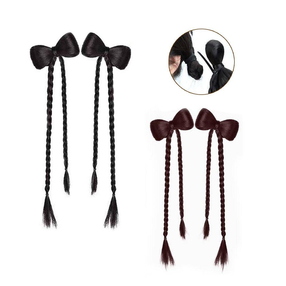 1 Pair Trendy Cute Children'S Wig Braid Bow Knot Sphere Head Hair Clip Double Ponytail Wig Fried Dough Twists Braid Female Use