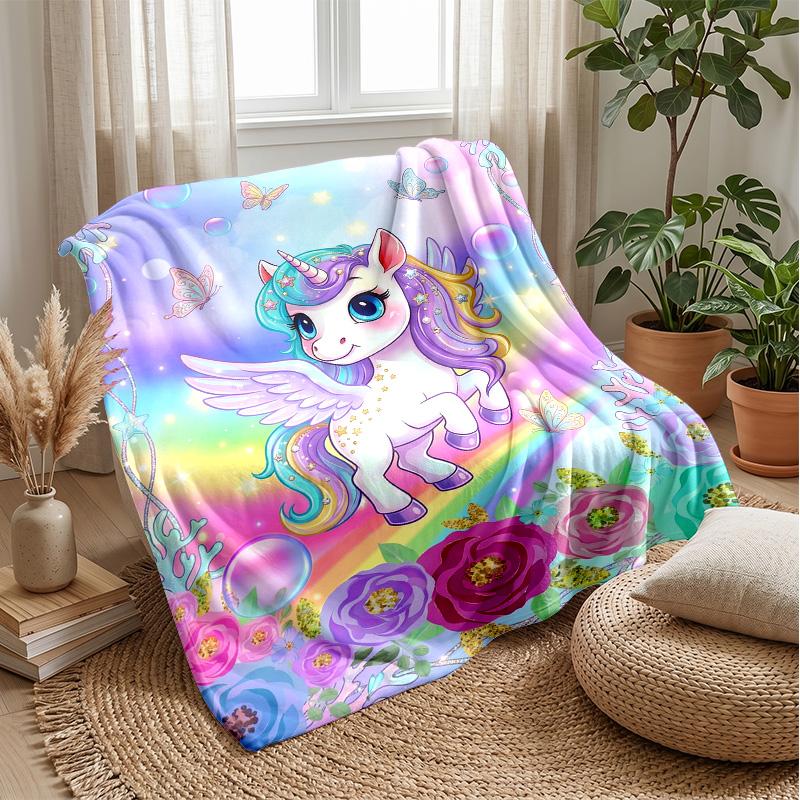 Magical Unicorn Rainbow Theme Blanket Lightweight Warm Flannel Blanket Decorative Throw Blanket for Home Decoration