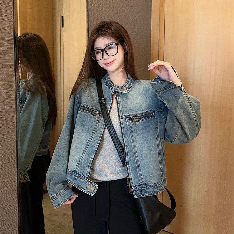 American Vintage Washed Denim Jacket Short Stand Collar Zip Up Loose Fit Spring Autumn Casual