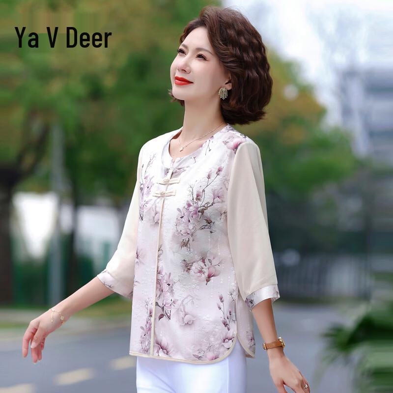 Yalu Women s Loose Chinese Style Floral Half-Sleeve Summer T-Shirt 2XL
