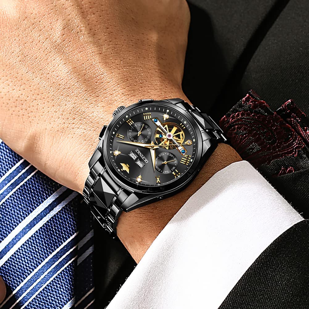 All Black Automatic Watch Luxury Gentleman Popular Skeleton Tungsten Sapphire Luminous 5 ATM Water Resistant Date Day of the Week Black Men's