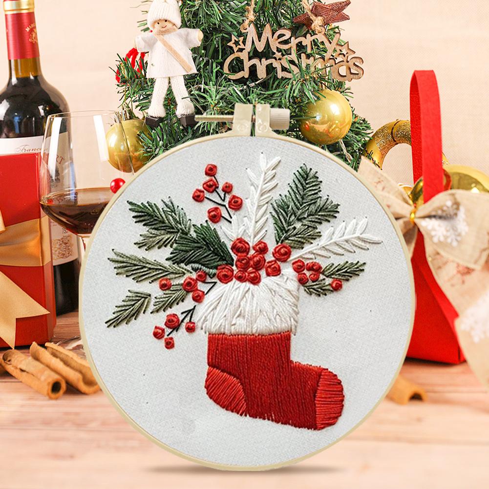 Christmas DIY Cross Stitch Kit with Pattern and Instructions for Beginners with Embroidery Hoop Color Threads and Needles