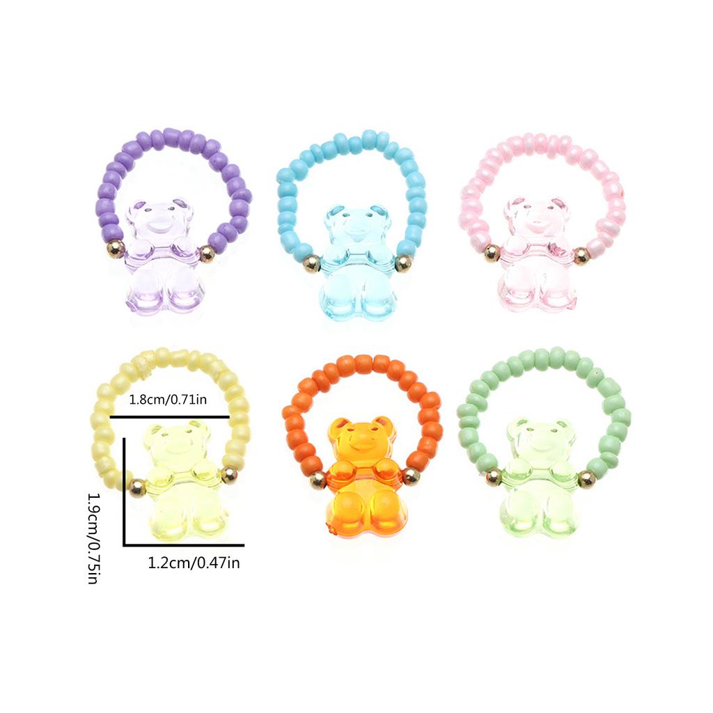 6pcs Cartoon Bear Pendant Rings Unique Elastic Beaded Rings Adjustable Finger Rings Ornament Colorful Resin Accessories