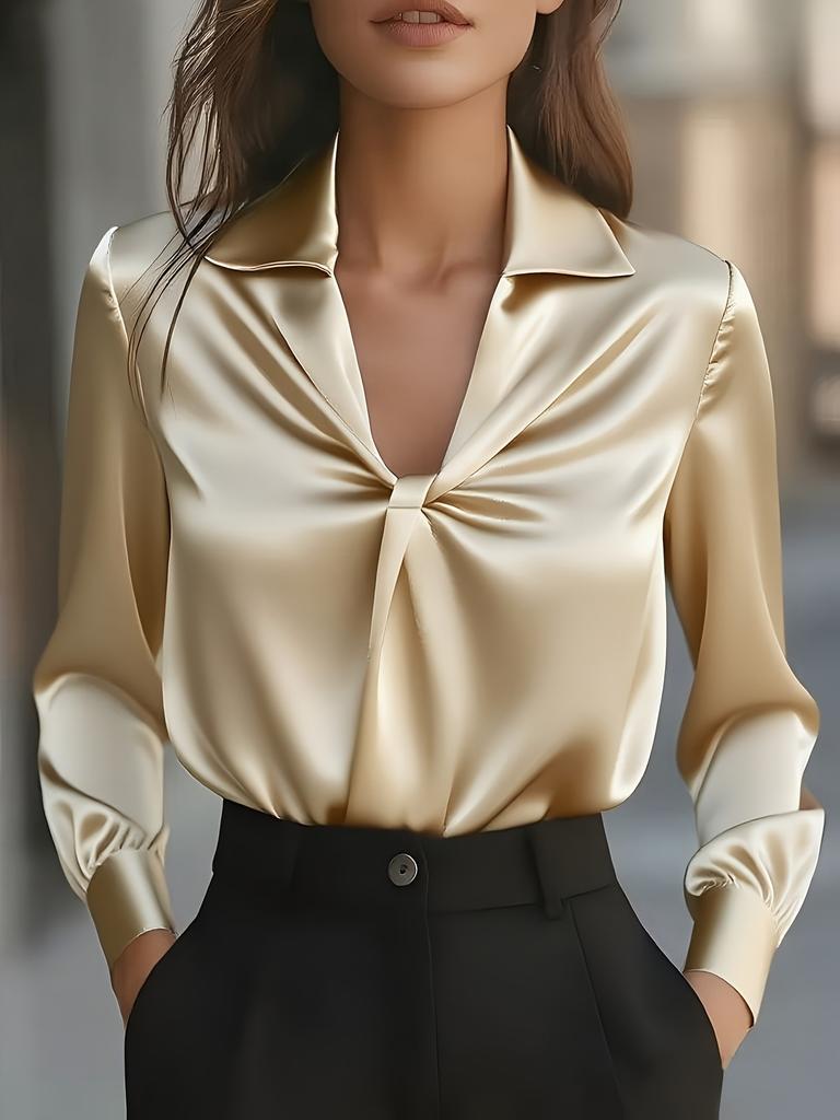 Spring Autumn Fashion Temperament Solid Colour Satin Pleated Long-sleeved Shirt for Women