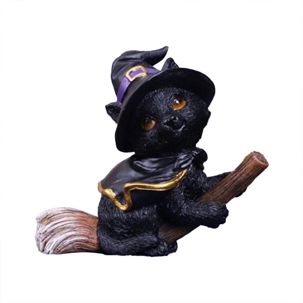 Creative Resin Sculpture Flying Broom Cat Small Cute Black Cat Statue Halloween Accessories Ornaments Party Decor