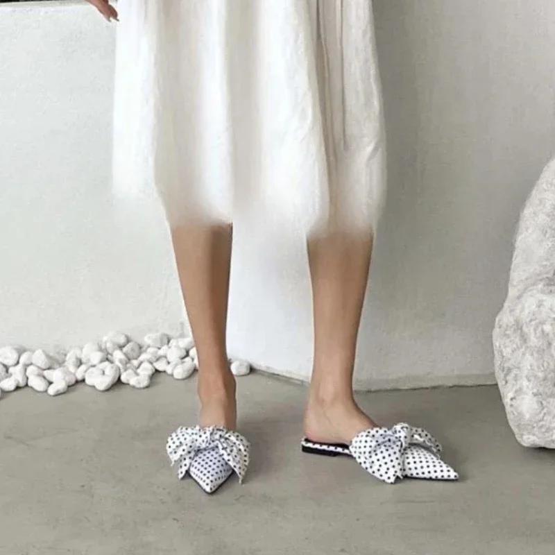 Módní oversize Boty s motýlkem Mule Ženy Módní Nazouvací sandály se špičatým pruhem Vlna Dámské Luxusní Saténové Hedvábné Outdoorové ploché pantofle