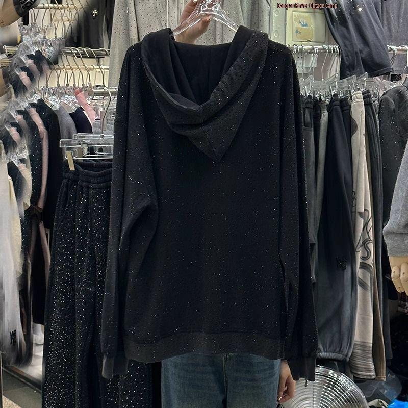 Extra Large Starry Diamond Hooded Jacket for Women – Loose Fit, Age-Reducing, Zipper Sweater for Early Spring (Fits 200-300 lbs)