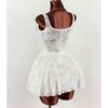 New style women's white lace dress with square neckline, wide band, fitted waist, and full-puff short skirt